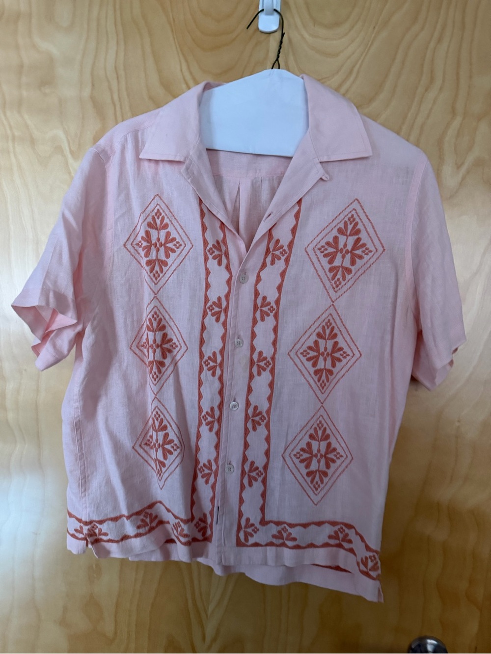 Todd Snyder Pink Short-Sleeve Button-Down with Rust Embroidery
